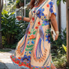 Plus Deep V Neck Allover Print High Waist Dress