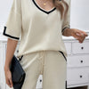 Knit Solid Deep V Neck Loose Drawstring Loose Set