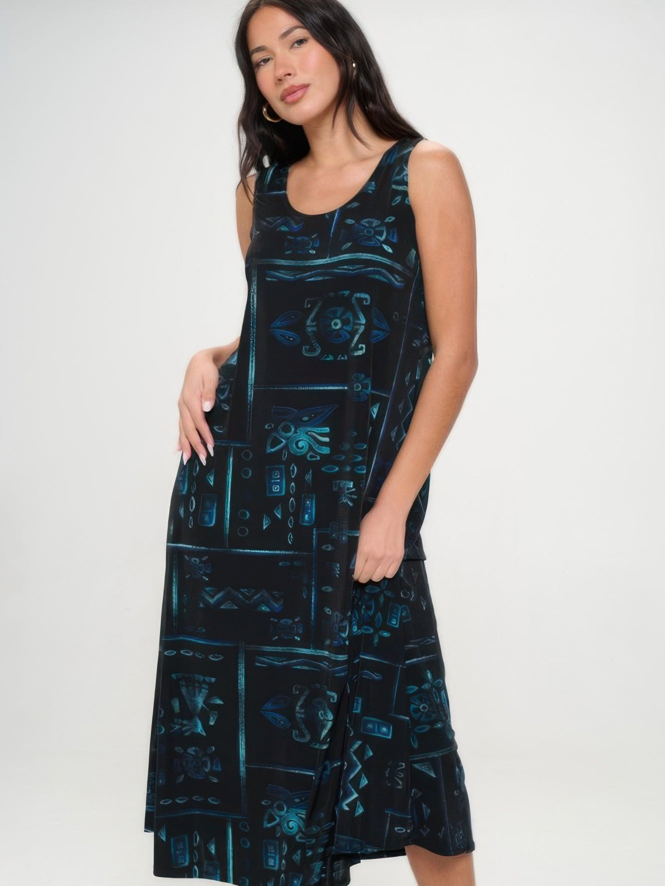 Stylish woman wearing a plus size long dress with a unique pattern, perfect for warm weather and a relaxed fit.