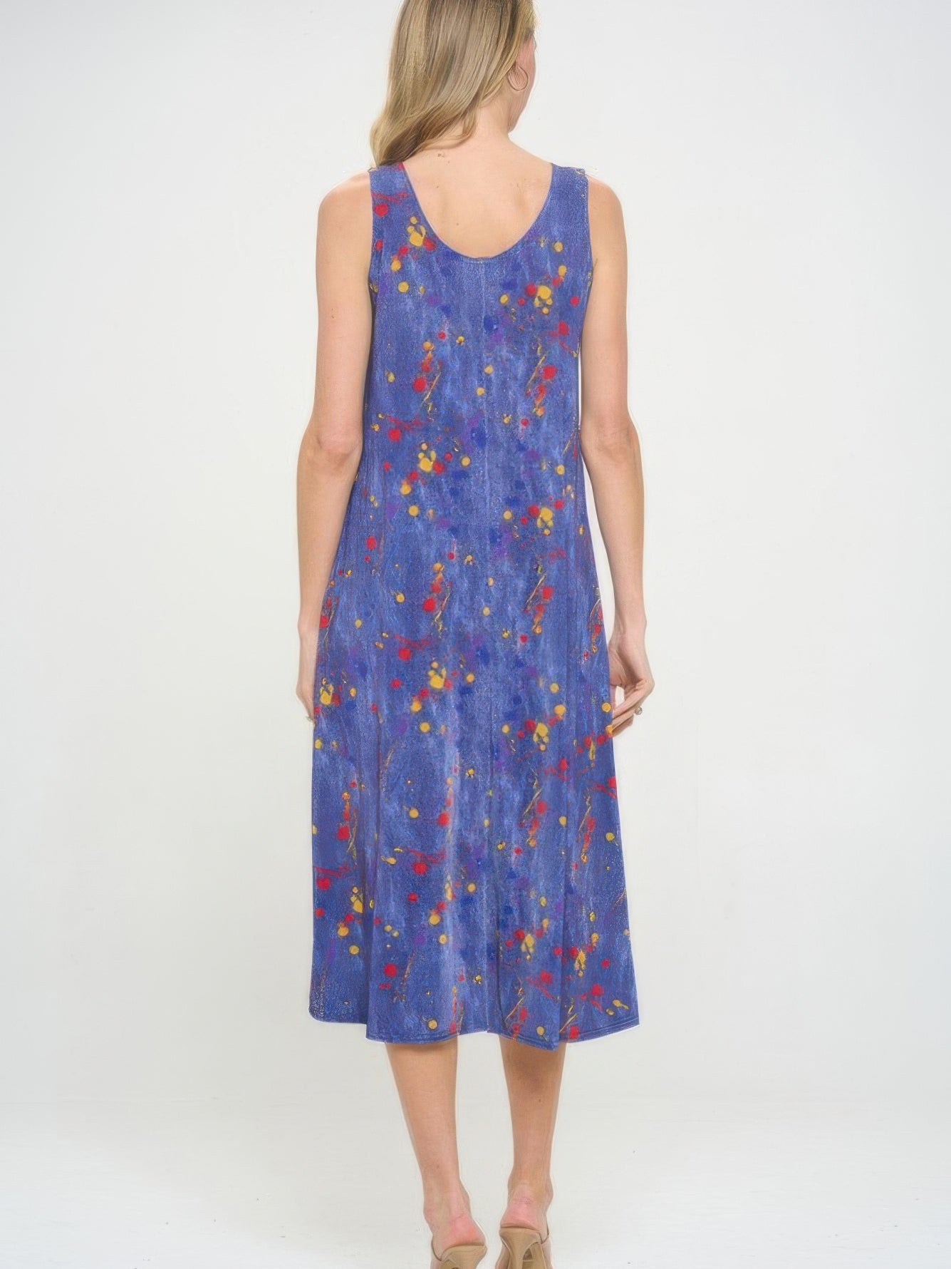 Back view of a woman wearing a colorful BNS Print Long Tank Dress with a sleeveless design.
