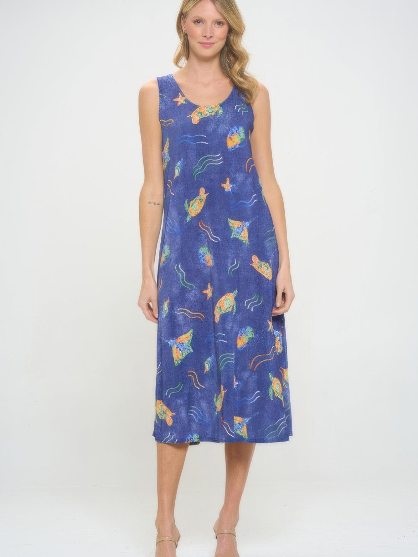 BNS Print Long Tank Dress featuring a vibrant marine-themed design and comfortable sleeveless fit.