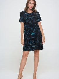 Plus Size Print Missy Dress Short Sleeve in a stylish black and blue print, perfect for casual outings.