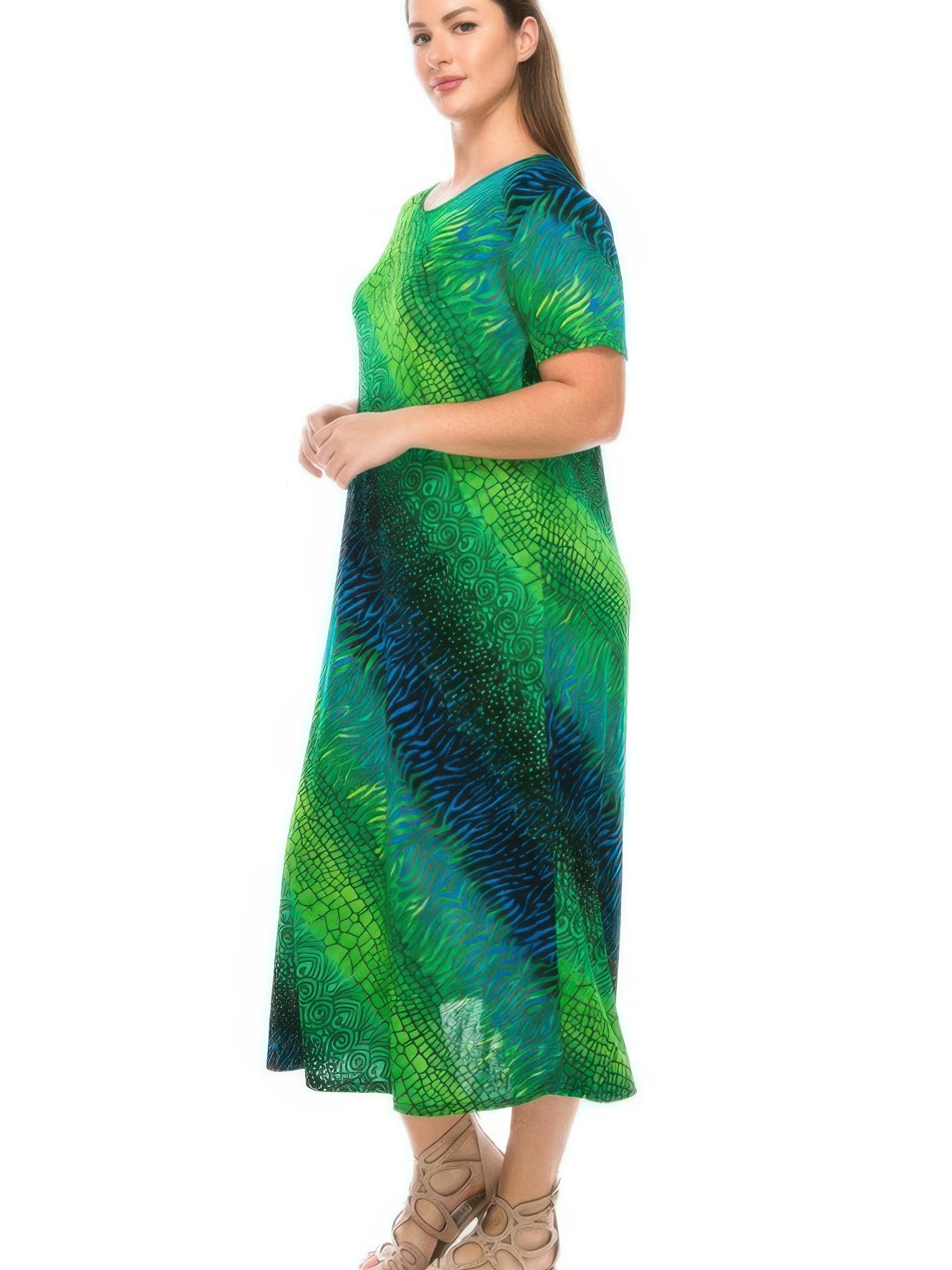 BNS long dress elegance featuring vibrant green and blue patterns, short sleeves, and a loose full-length silhouette.