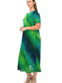 BNS long dress elegance featuring vibrant green and blue patterns, short sleeves, and a loose full-length silhouette.