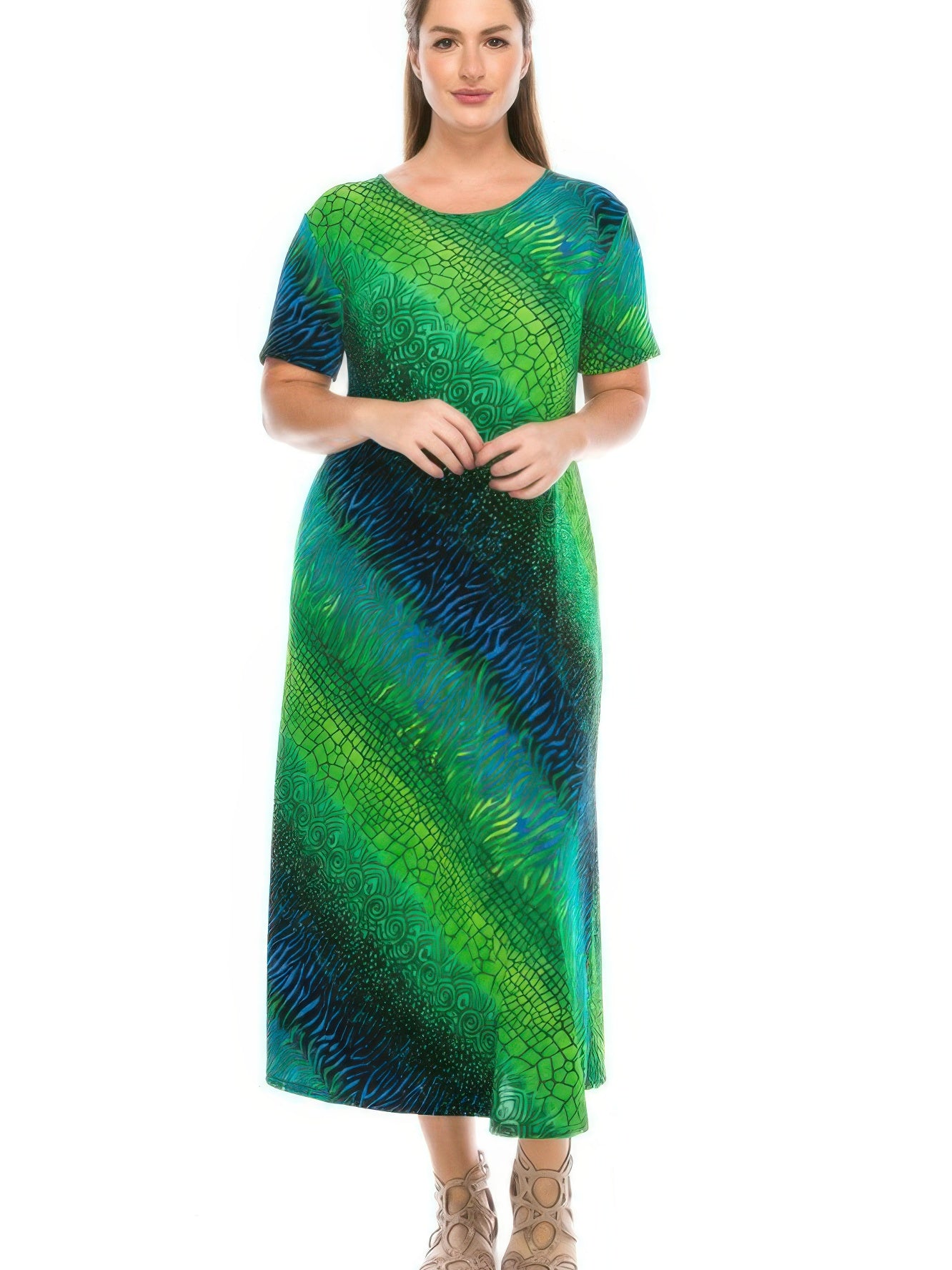 BNS long dress elegance in vibrant green and blue print, featuring short sleeves and a flattering full-length silhouette.