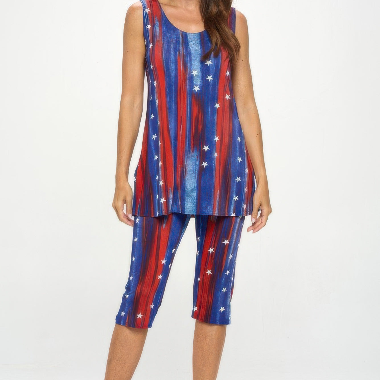 Plus size tank capri pants set featuring a sleeveless top and capri pants with a red, blue, and star design.