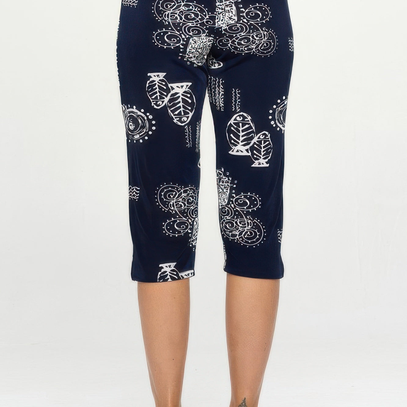 Plus size matching capri set featuring stylish navy patterned capri pants with a comfortable fit.