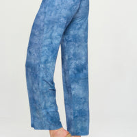 Elastic Waistband Flared Pants in blue denim print with a comfortable fit and stylish flare.