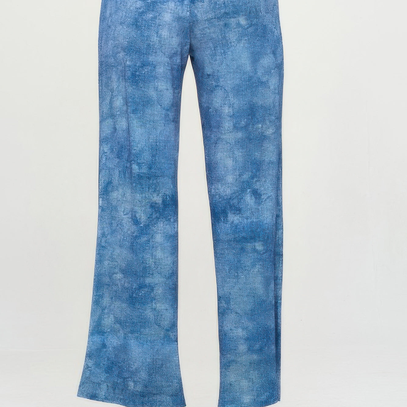 Back view of Elastic Waistband Flared Pants in blue denim print, featuring a comfortable elastic waistband.