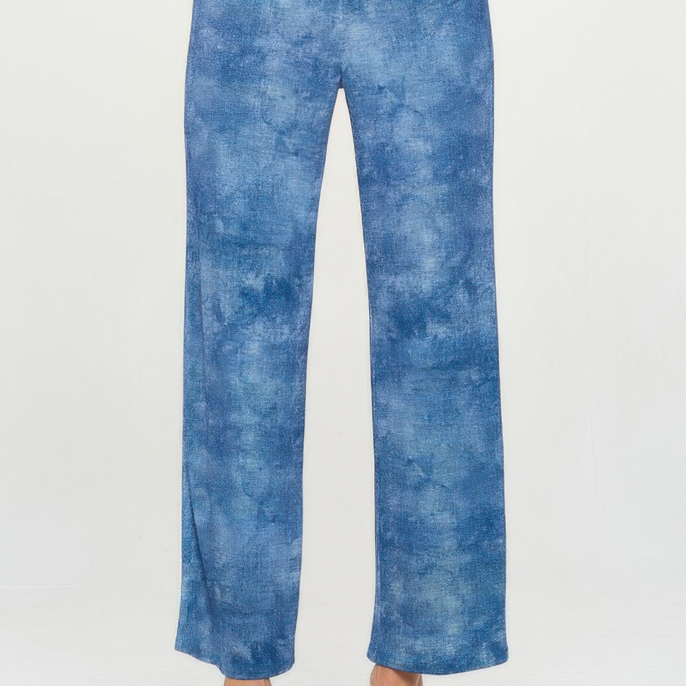 Elastic Waistband Flared Pants in blue denim print with full-length flare and elastic waistband for comfort.
