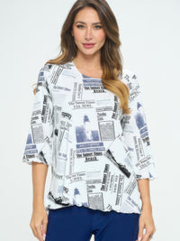 Plus Size BNS Print Missy Top worn by a model, featuring a stylish newspaper print design and three-quarter sleeves.