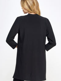Hit Duster Jacket in black showing back view, featuring a flowing design and comfortable fit for versatile layering.