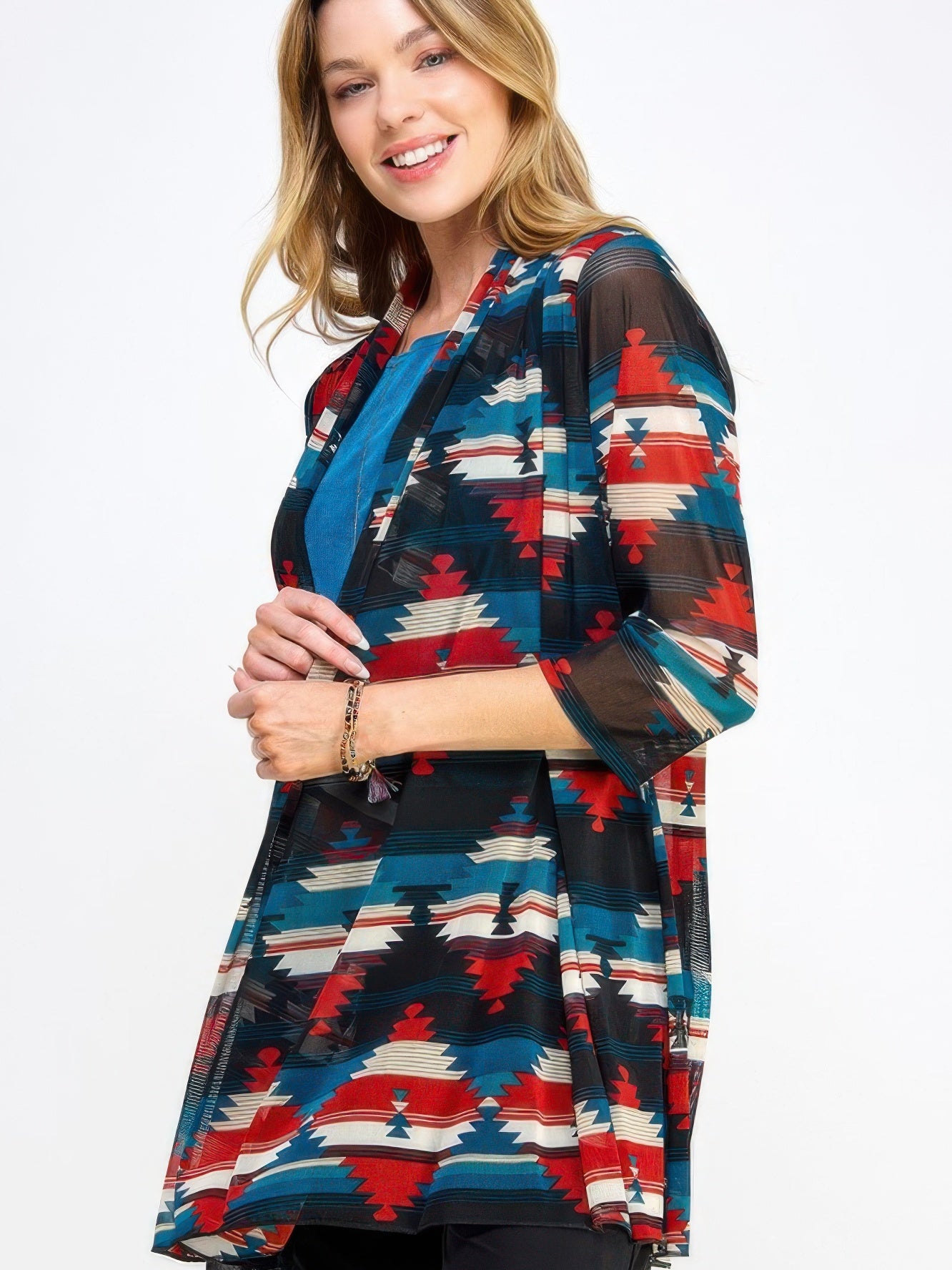 Model wearing the Mr Princess Jacket with vibrant geometric patterns and a stylish, relaxed fit from Shop Netscape.