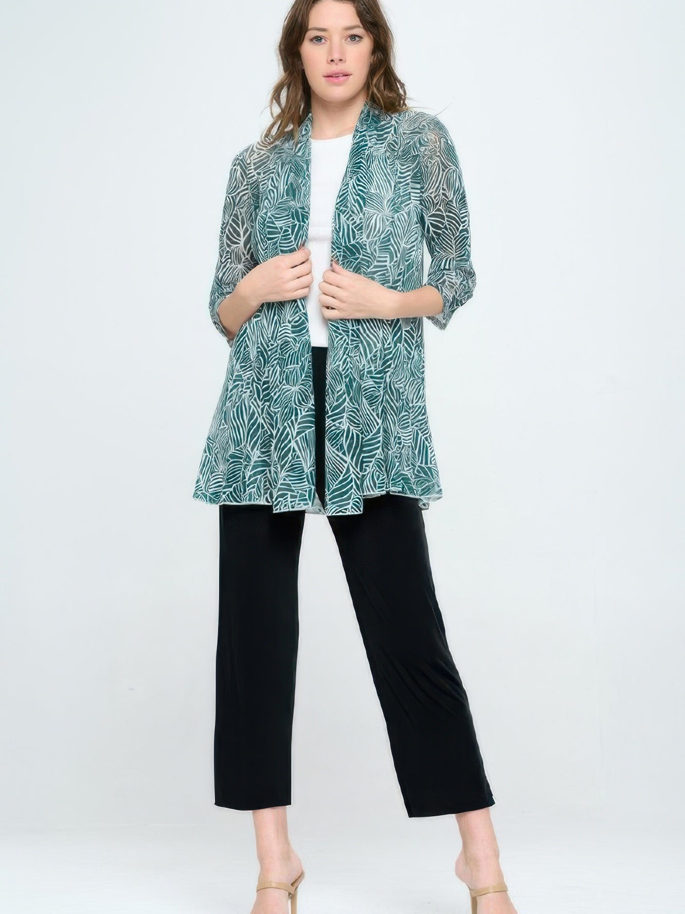 Plus Size Mrs Princess Jacket styled with a white top and black pants, featuring a soft, floral design for effortless layering.