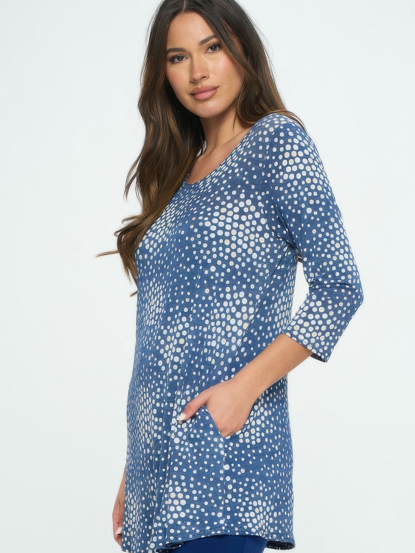 Hit Round Neck Tunic With Pocket in navy with polka dots, featuring quarter sleeves and side seam pockets.