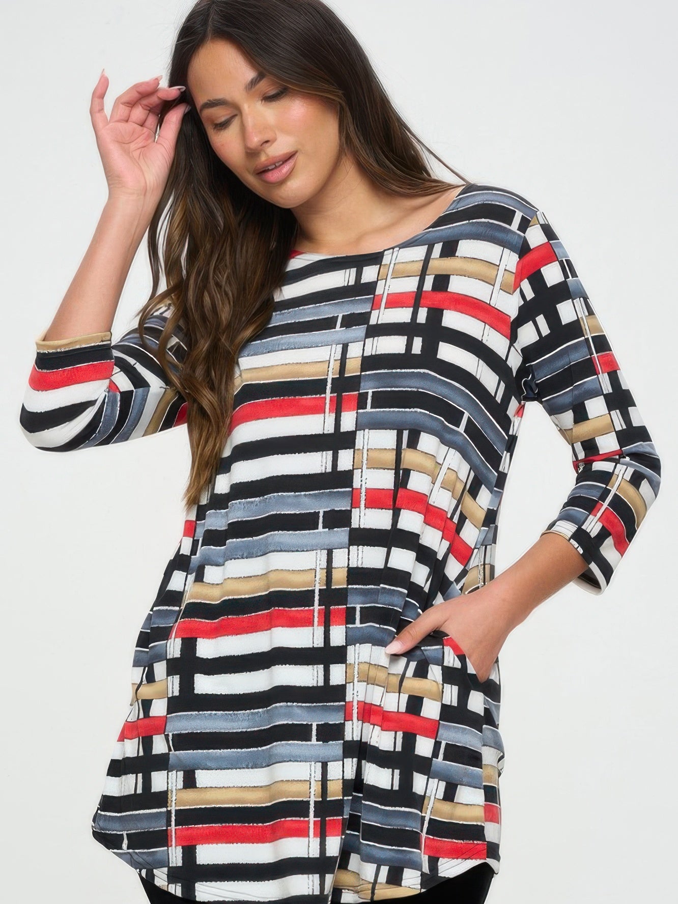 Hit Round Neck Tunic With Pocket featuring a stylish plaid design and convenient side pockets.