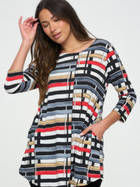 Hit Round Neck Tunic With Pocket featuring a stylish plaid design and convenient side pockets.