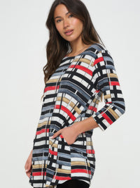 Hit Round Neck Tunic With Pocket featuring a colorful striped pattern and side pockets, perfect for casual wear.