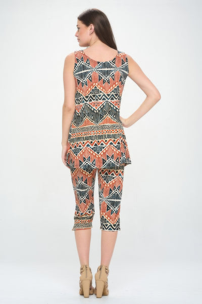 Back view of a woman wearing a Round Neck Tank Top And Capri Pants Set in vibrant tribal print.
