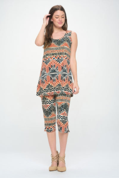 Round Neck Tank Top And Capri Pants Set featuring a stylish patterned design perfect for casual wear.