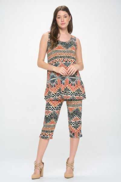 Round Neck Tank Top And Capri Pants Set featuring a vibrant patterned design for casual comfort and style.