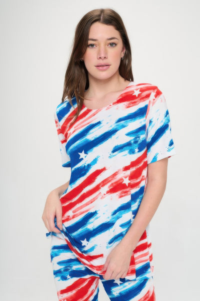 Short Sleeve Top Capri Pants Set featuring a colorful red, white, and blue design, perfect for casual wear.