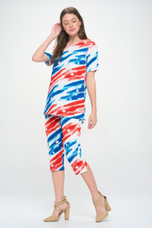 Short Sleeve Top Capri Pants Set in red, white and blue print, perfect for warm weather lounging.