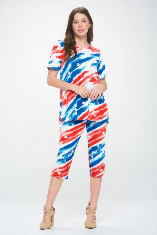 Short Sleeve Top Capri Pants Set in red, white, and blue tie-dye design, perfect for casual or lounging wear.