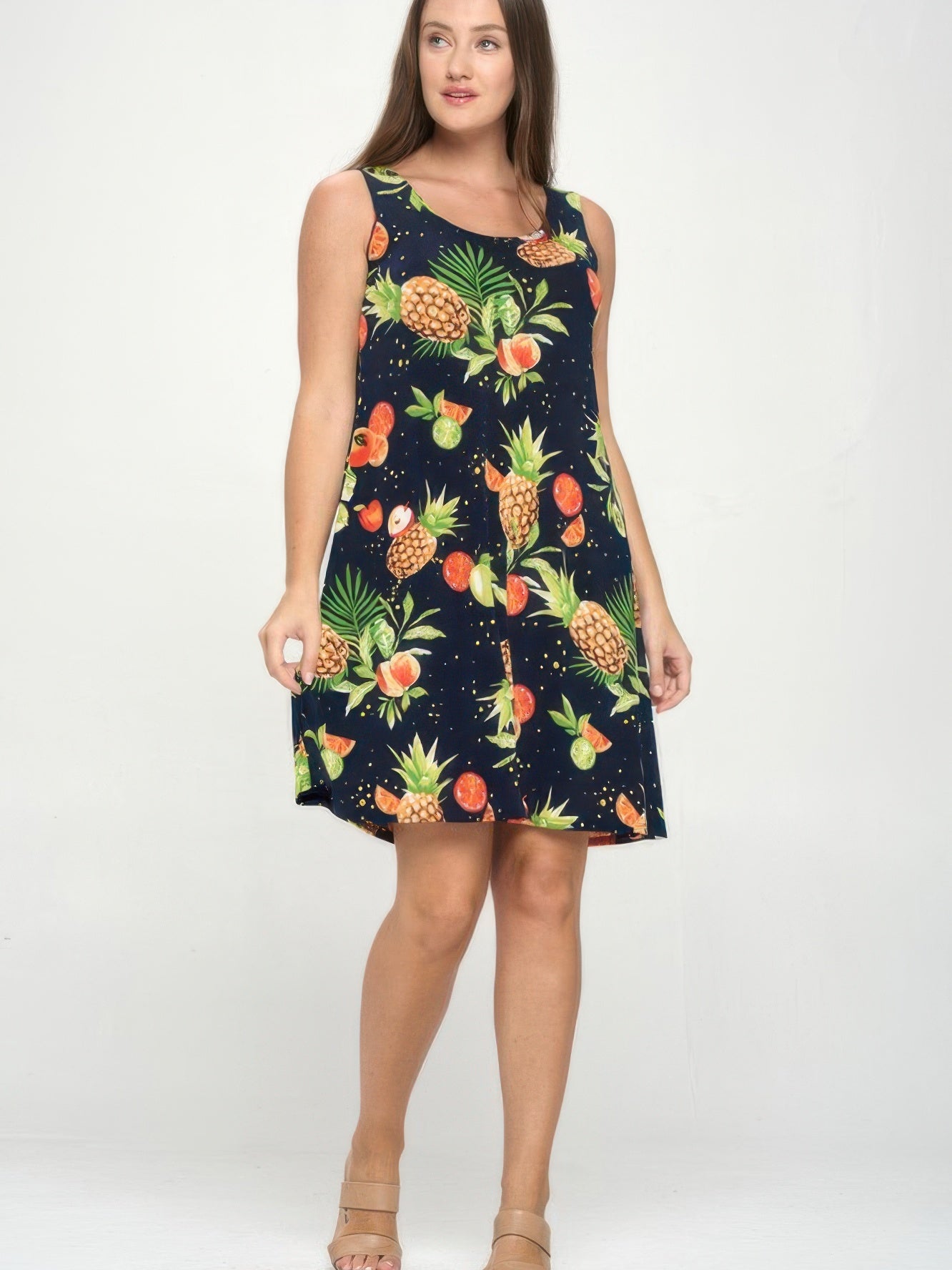 Plus Size BNS Print Missy Tank Dress featuring bold fruit prints and a sleeveless design for a comfortable fit.