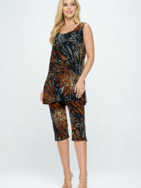 Round Neck Tank Top And Capri Pants Set in a vibrant print, featuring a relaxed fit and stylish design for everyday wear.