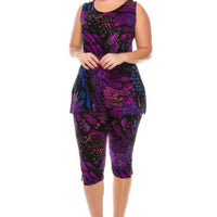 Round Neck Tank Top And Capri Pants Set featuring a vibrant purple print, perfect for stylish comfort.