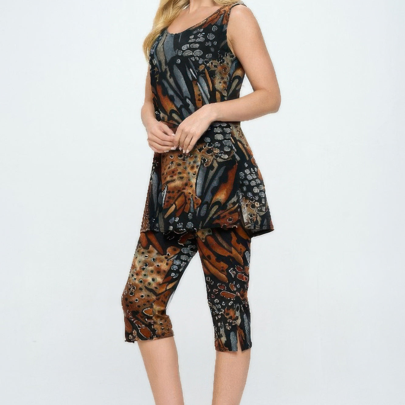 Round Neck Tank Top And Capri Pants Set in vibrant prints showcasing a stylish and comfortable coordinated outfit.