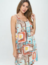BNS Print Missy Tank Dress on model showcasing colorful geometric print and sleeveless design.