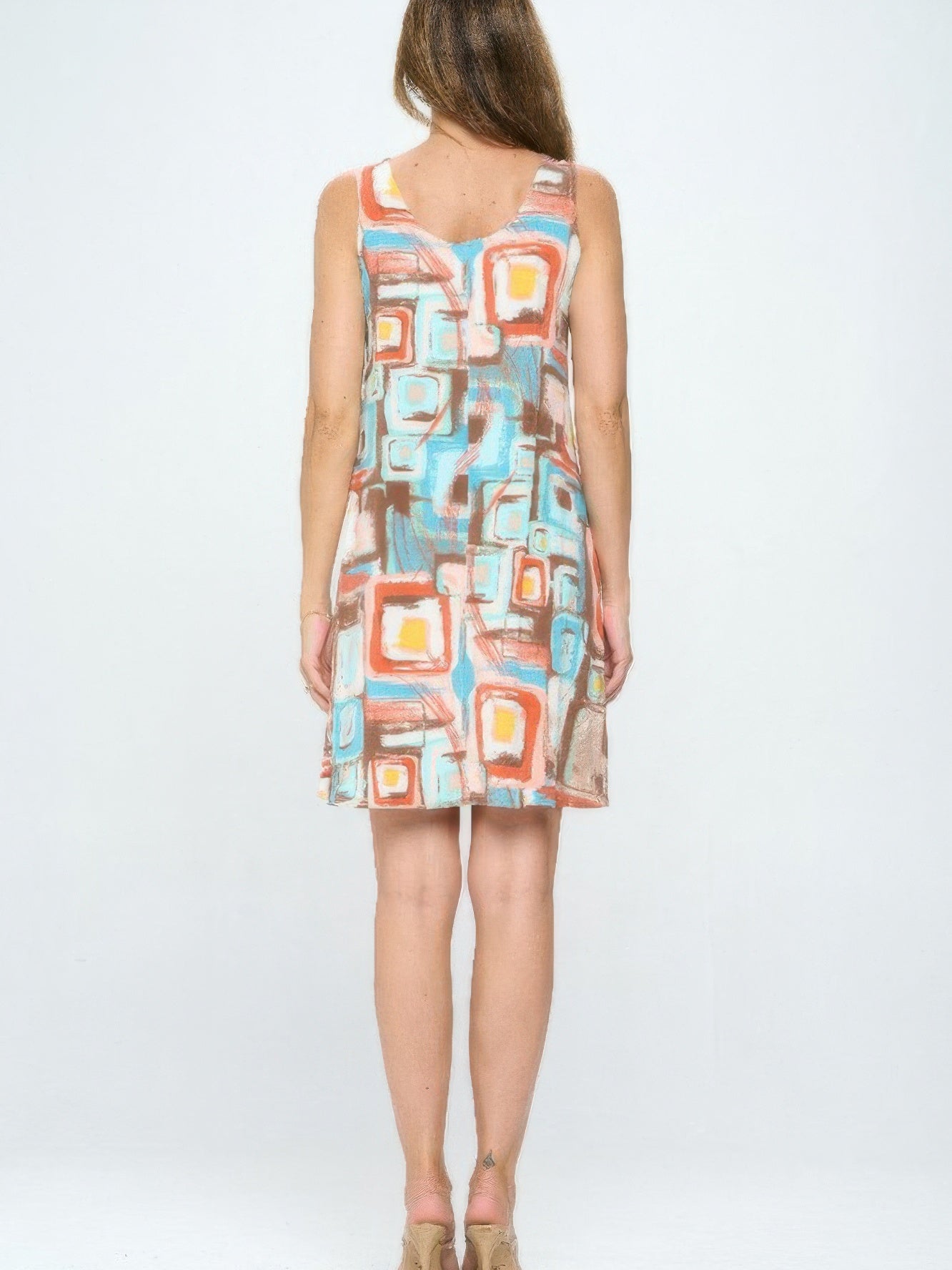 BNS Print Missy Tank Dress in a colorful abstract pattern, showcasing a sleeveless design and flattering fit.