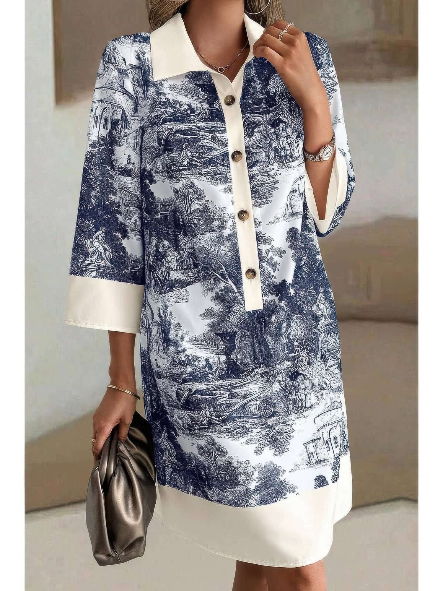 Pattern Stand Collar Front Button Loose Dress with intricate print and front button detailing.