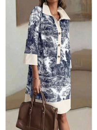 Pattern Stand Collar Front Button Loose Dress featuring a refined stand collar and elegant pattern, ideal for any occasion.