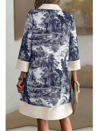 Pattern Stand Collar Front Button Loose Dress with intricate print and loose silhouette, perfect for comfort and elegance.
