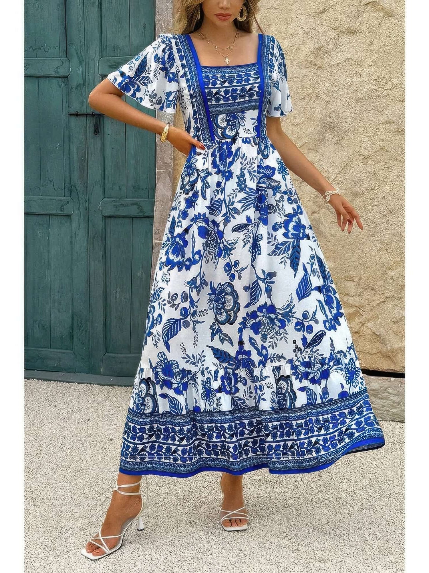 Square Neck Floral Printed Ankle Length A Line Dress in blue and white floral pattern, featuring short sleeves and ankle length.
