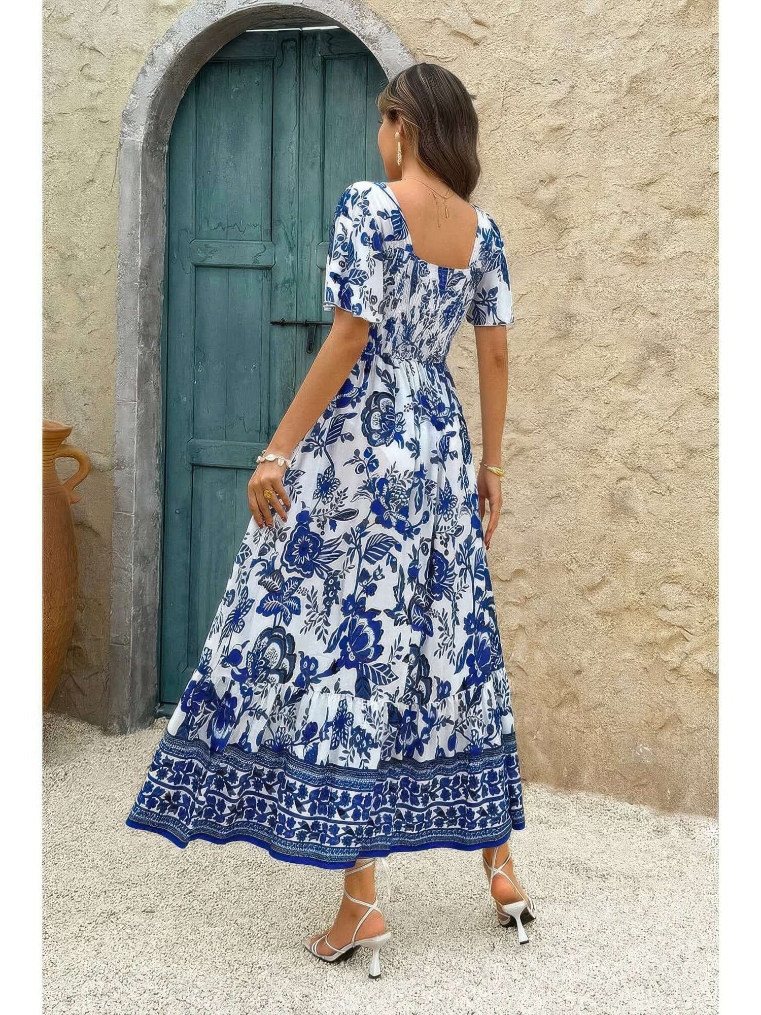 Square Neck Floral Printed Ankle Length A Line Dress showcased against a rustic background with blue floral details.