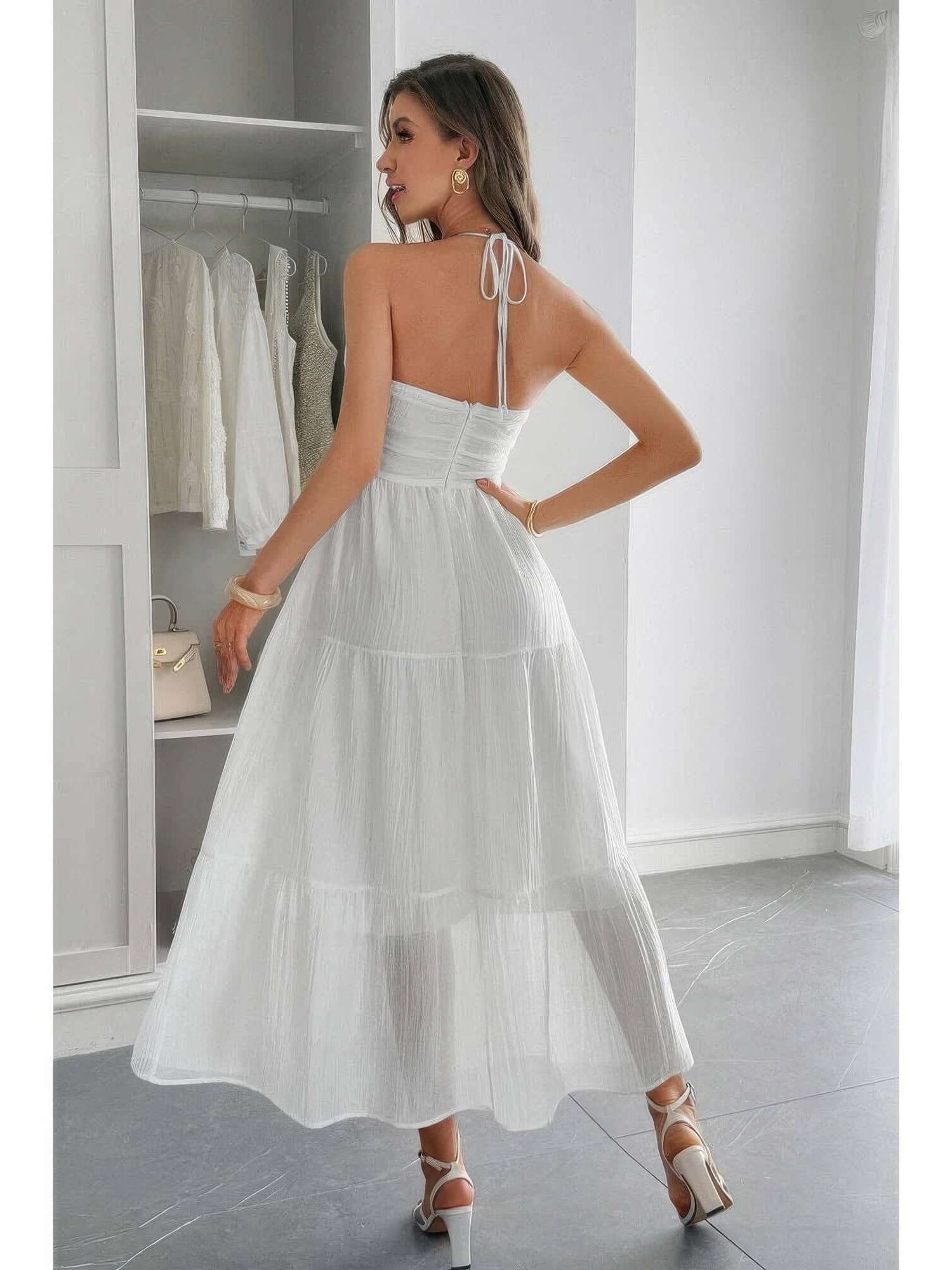 Solid Halter Muse Tiered Ruffle Long Dress in white, showcasing elegant back view and flowy tiers.
