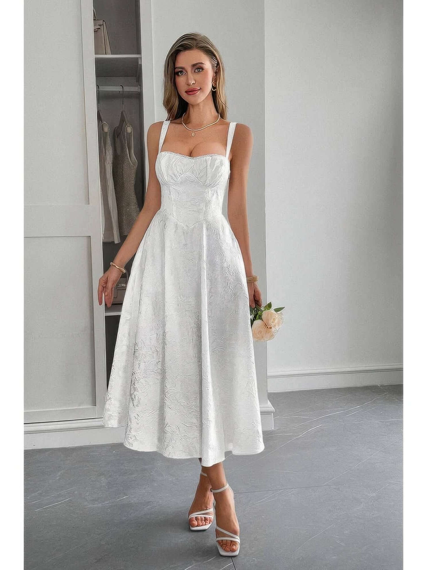 Solid Floral Jacquard Lace High Waist Dress in white with floral details, elegant design perfect for special occasions.
