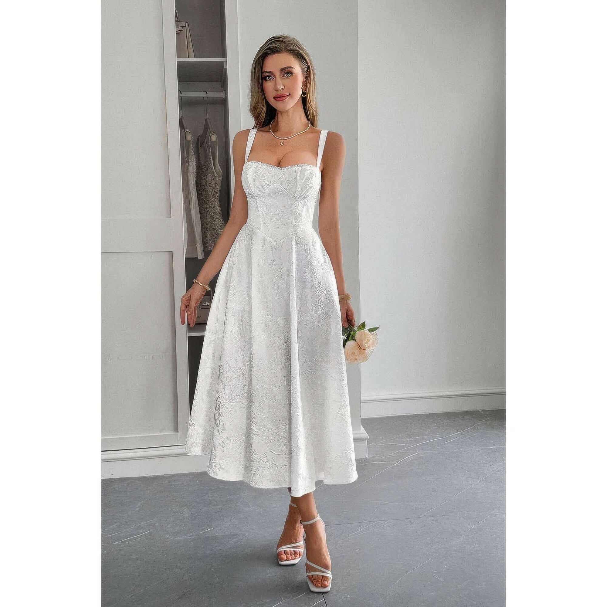 Solid Floral Jacquard Lace High Waist Dress in white with floral details, elegant design perfect for special occasions.