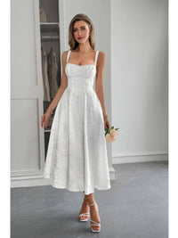 Solid Floral Jacquard Lace High Waist Dress in white with floral details, elegant design perfect for special occasions.