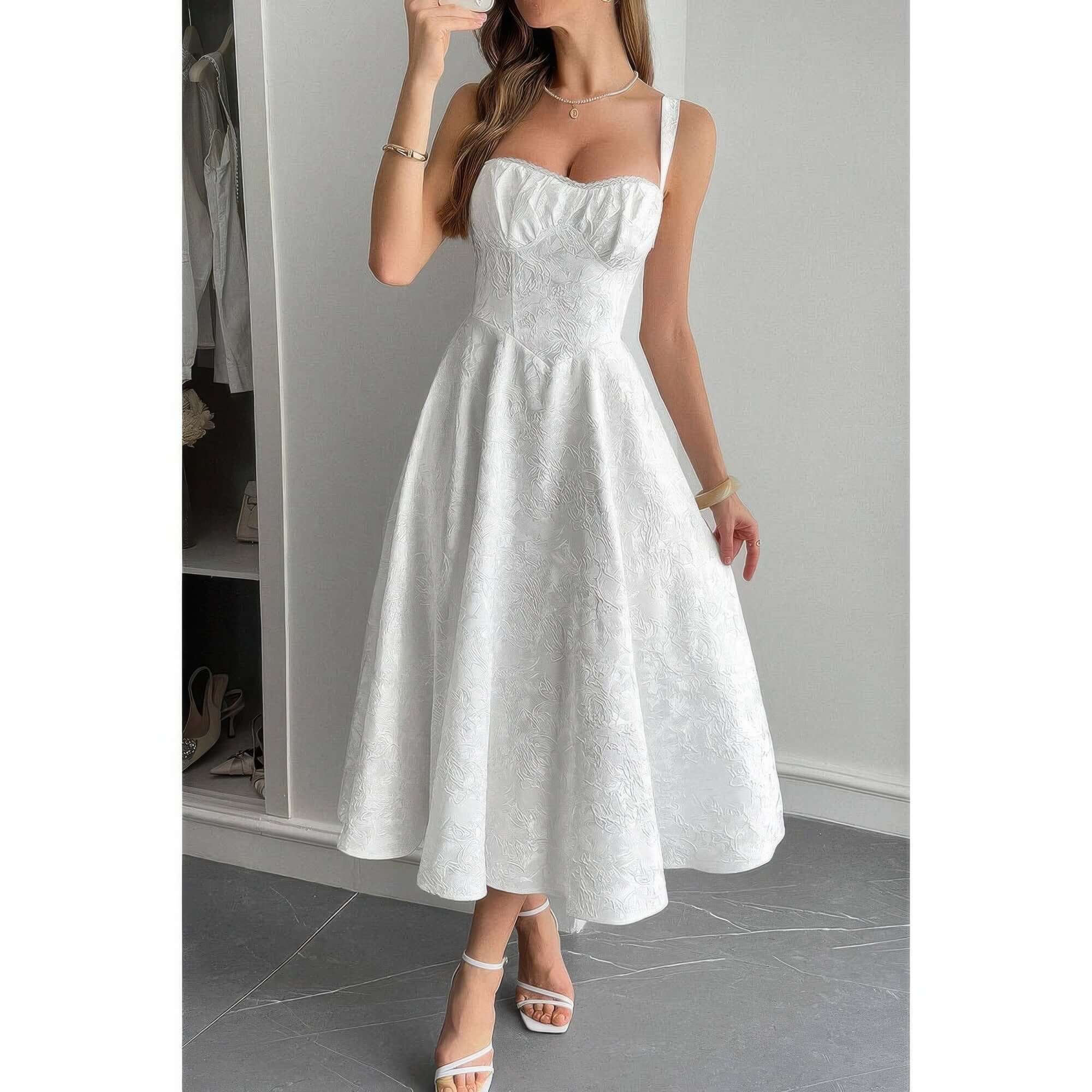 Solid Floral Jacquard Lace High Waist Dress in white, showcasing elegant floral lace details and a flattering silhouette.