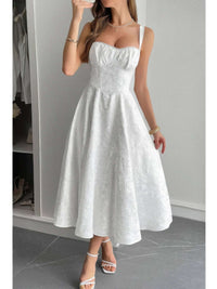 Solid Floral Jacquard Lace High Waist Dress in white, showcasing elegant floral lace details and a flattering silhouette.