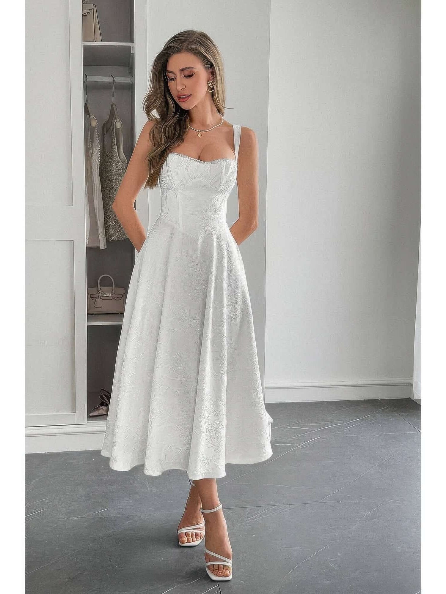 Solid Floral Jacquard Lace High Waist Dress in elegant white with a flattering silhouette and structured design.