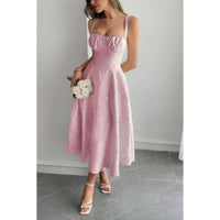 Solid Floral Jacquard Lace High Waist Dress in pink, showcasing floral lace pattern and flattering silhouette.