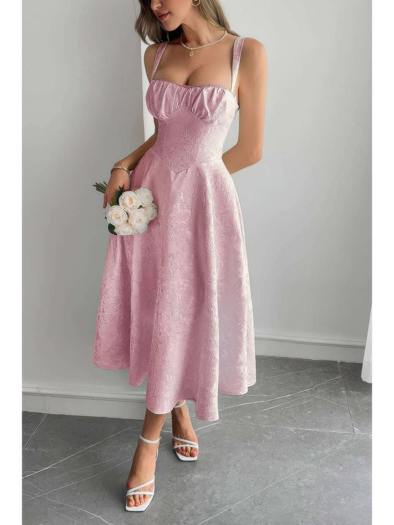 Solid Floral Jacquard Lace High Waist Dress in pink, showcasing floral lace pattern and flattering silhouette.