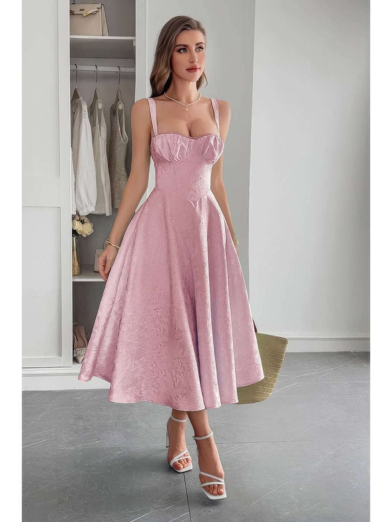 Solid Floral Jacquard Lace High Waist Dress in soft pink color, showcasing a flattering silhouette and elegant design.