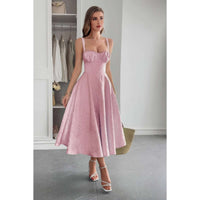 Solid Floral Jacquard Lace High Waist Dress in pink, elegantly styled for romantic occasions and special events.